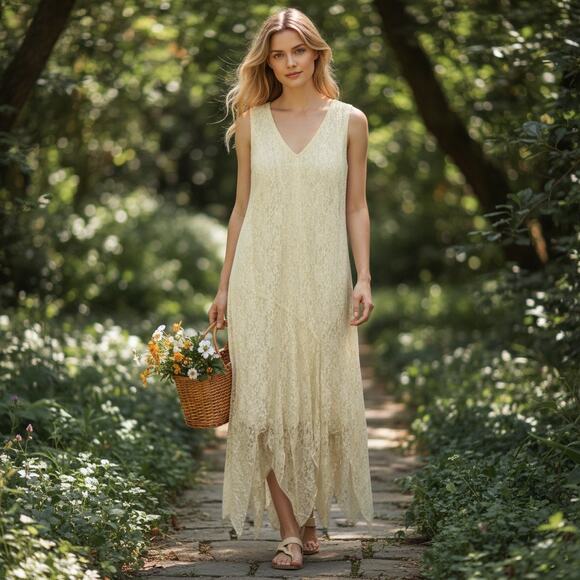 Vintage Y2K 2000s Seventh Avenue Cream Lace Asymmetrical Handkerchief Dress 8 - Picture 1 of 8